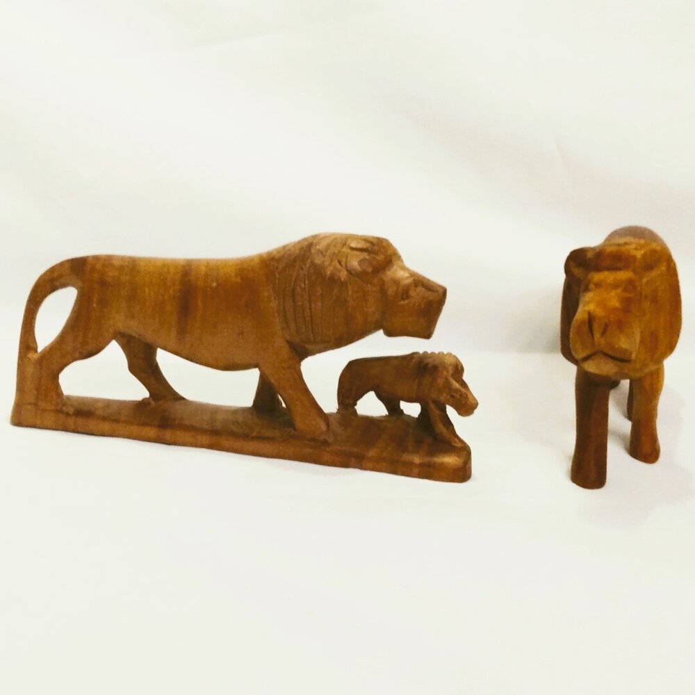 Hand Carved Wood Lions and Cub-9.25" and 7.25"